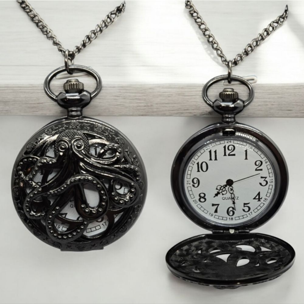 Kraken Octopus Pocket Watch Black Steampunk Pirate Nautical Quartz Chain Vintage